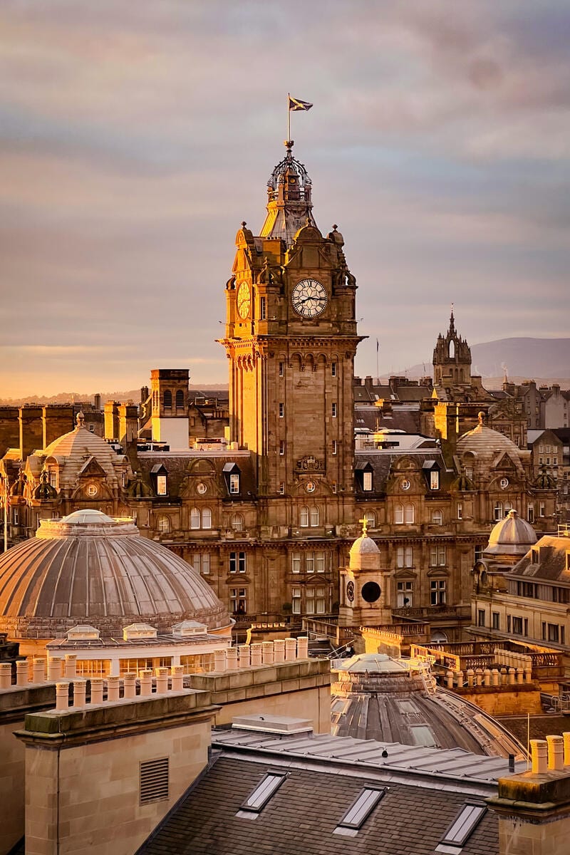 The Balmoral clock tower at golden hour