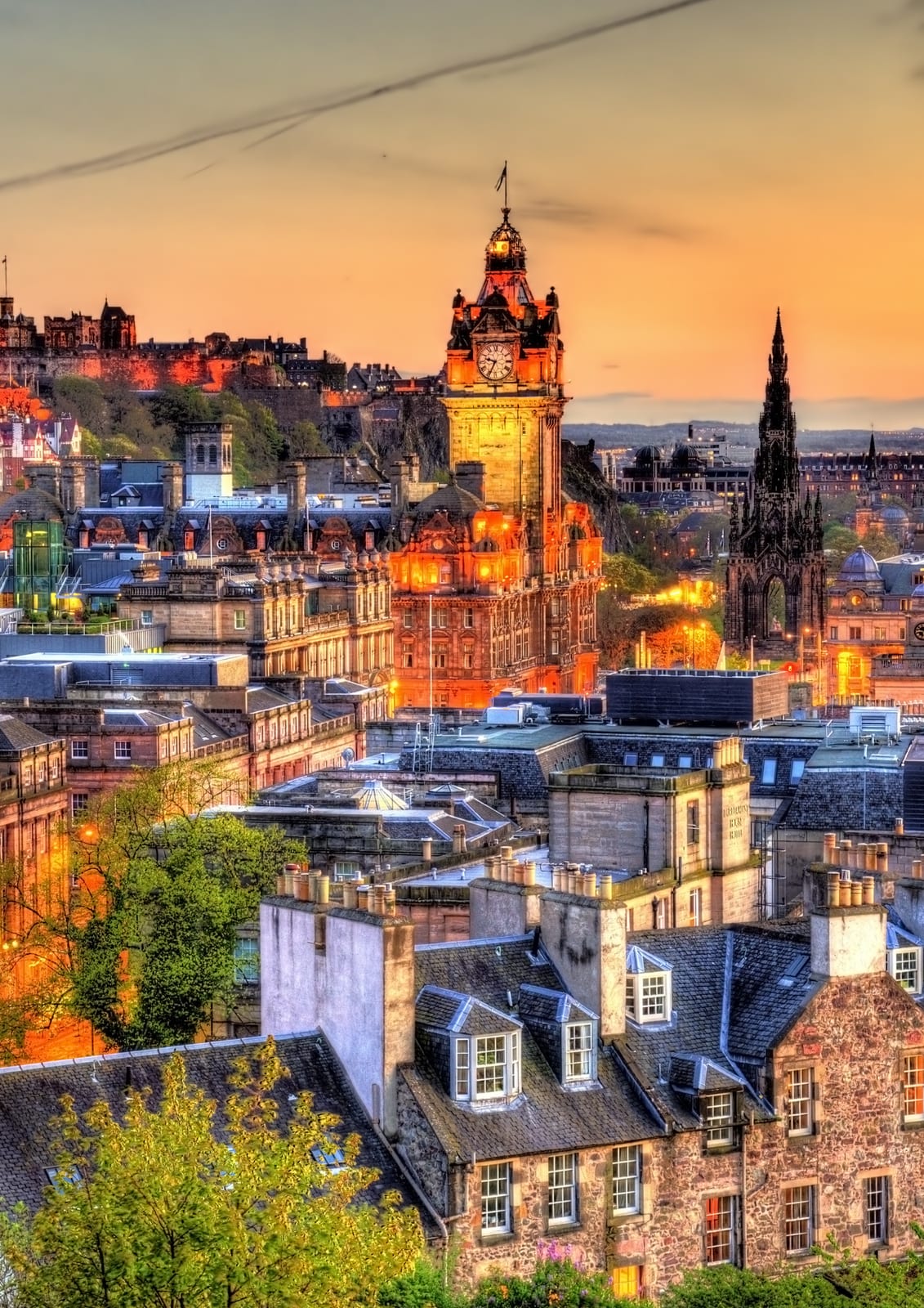 Edinburgh at sunset — the Balmoral, the Scott Monument and the castle