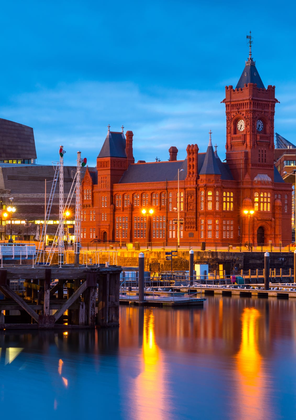 The Pierhead Building at dusk